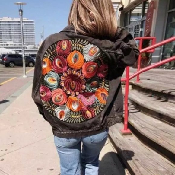 Boho Floral Embroidered Distressed Denim Jacket - Picture 5 of 7